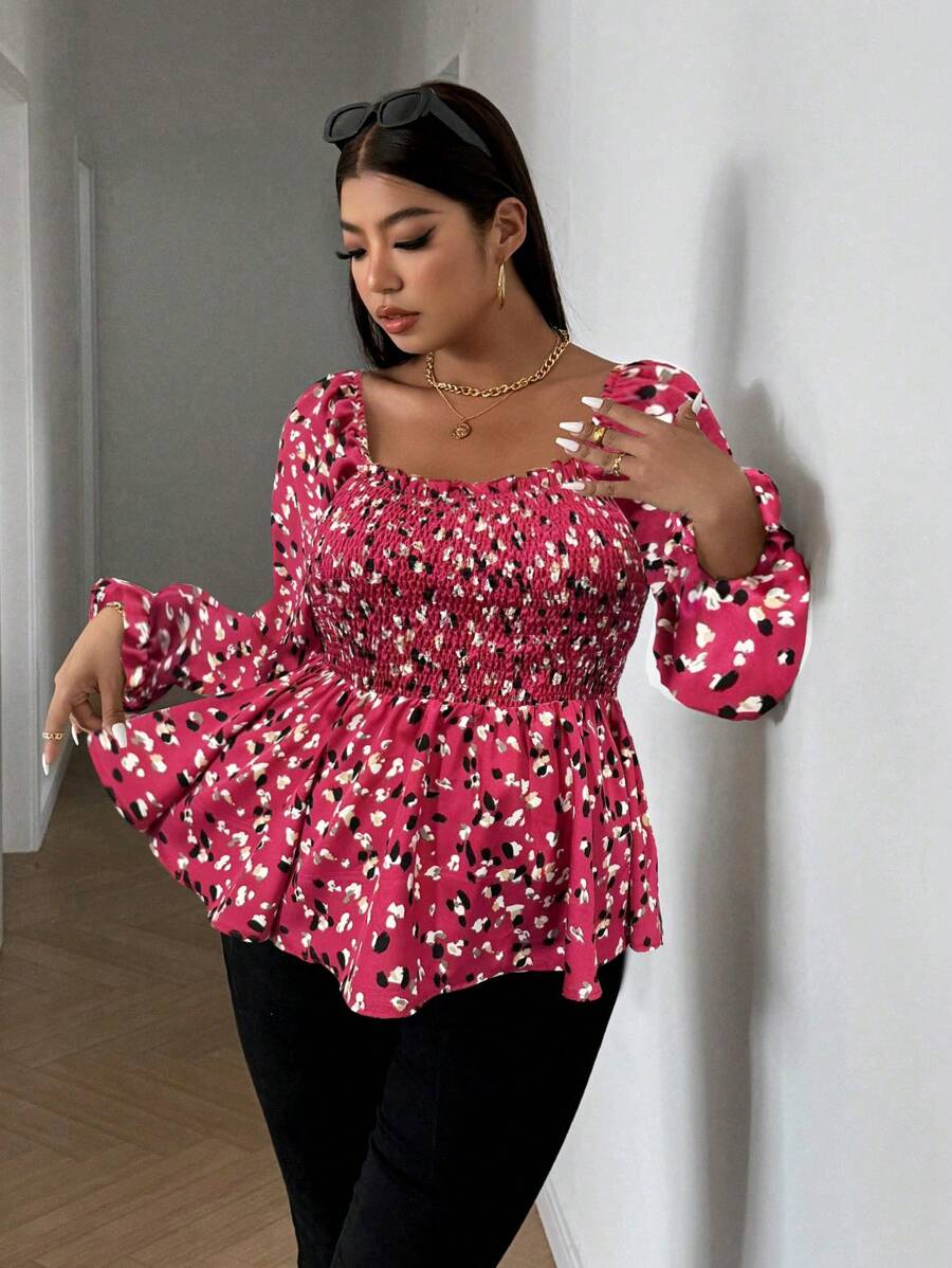 Franclia Camisa holgada casual de manga larga con estampado todo sobre cuello cuadrado talla grande