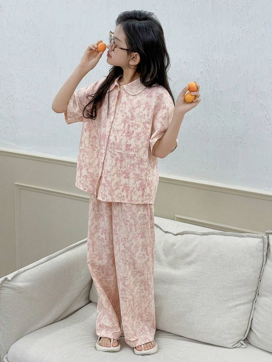Dazy Kids Set 2 buc. pijama pentru fete, mărime mare, cu guler Peter Pan, bluză țesută cu mânecă scurtă + pantaloni țesuți cu imprimeu, primăvară/vară