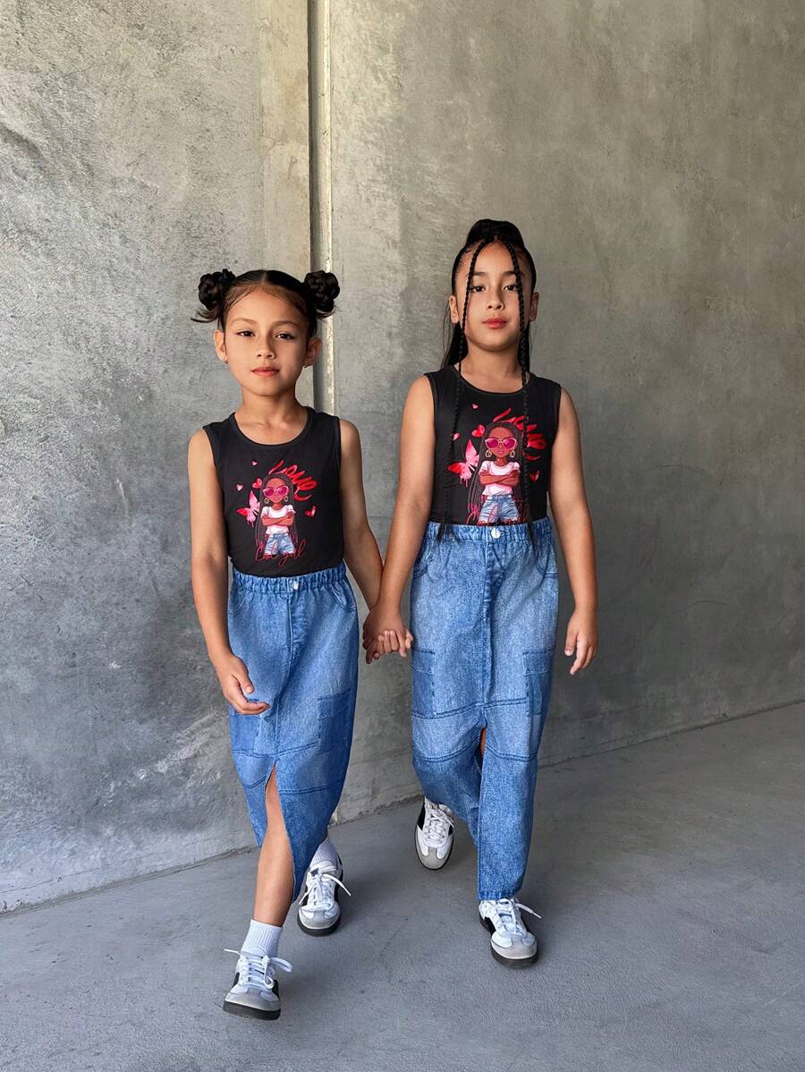 Conjunto de 2 piezas para niña preadolescente - Top de tirantes con gráfico de dibujos animados y falda efecto denim dividida, con estilo de moda y energía, apta para la escuela, viajes y todas las estaciones