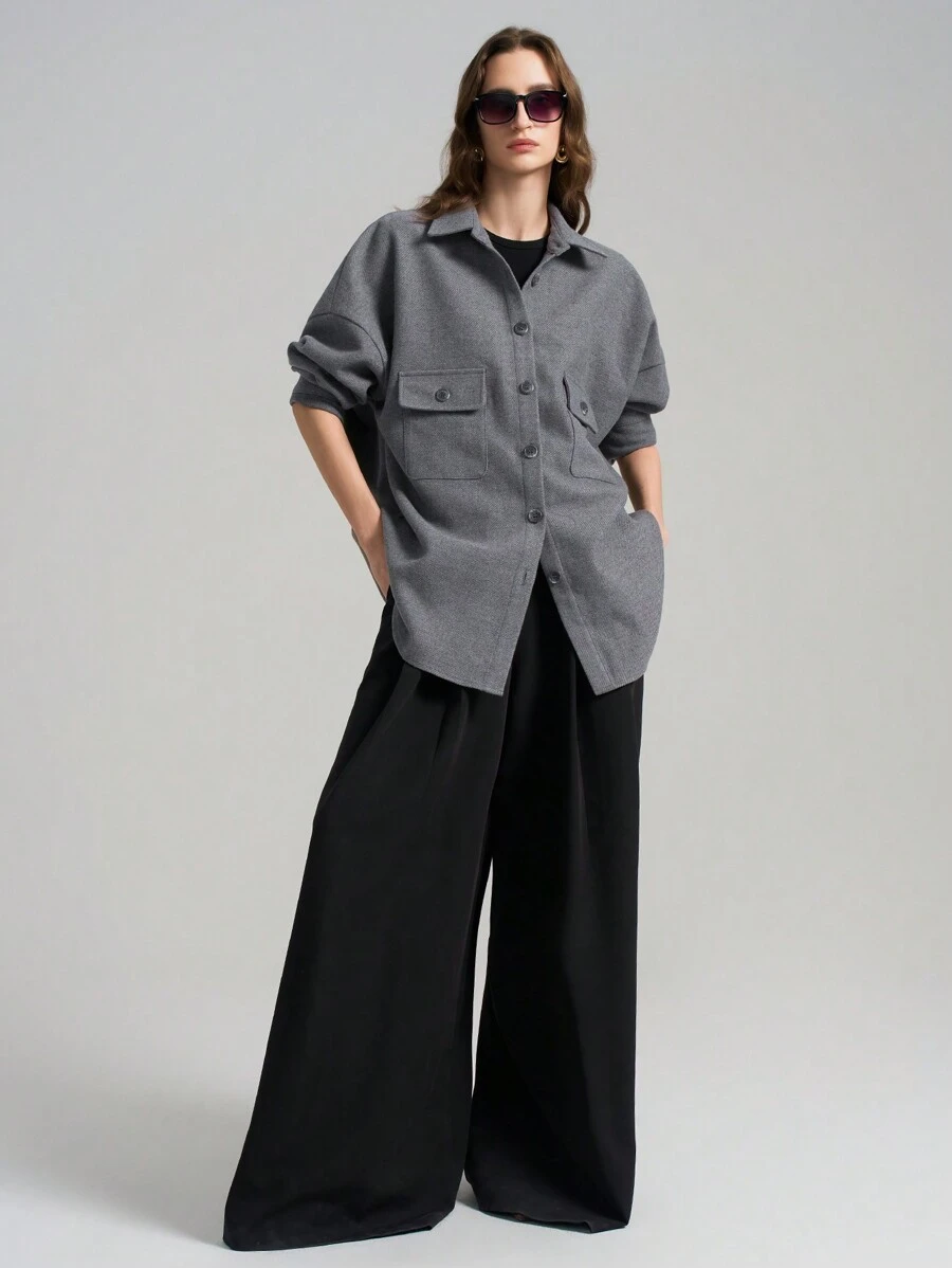 Ontre Women Front Button Up Long Sleeve Pocket Simple Blouse, Casual Everyday Wear