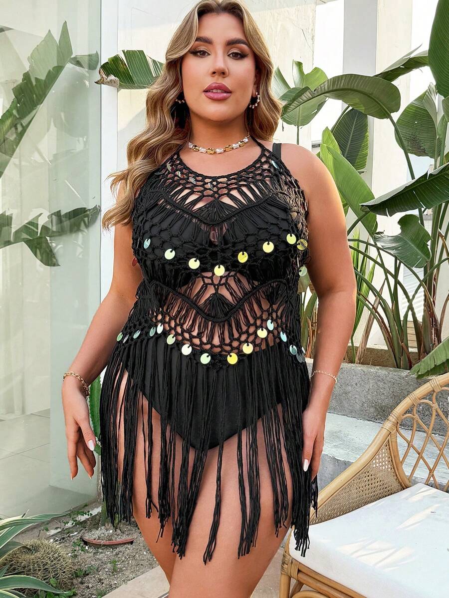 SHEIN Swim Curve Plus Size Women's Summer Pure Hand Crochet Fishnet Hollow Sexy Lace-Up Tassel Beach Cover Up Skirt