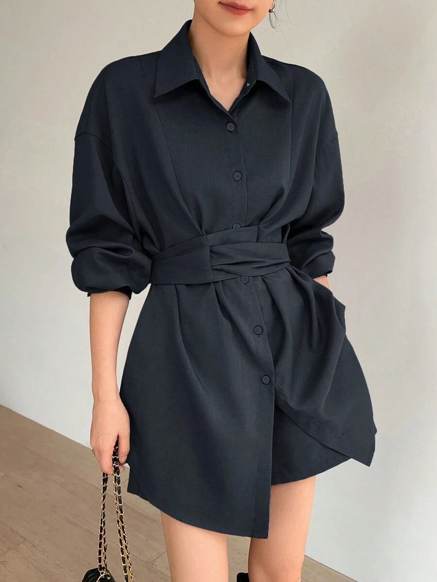 EastFlair Korean Fashion Grey Long Sleeve Shirt Dress & Shorts 2Pcs Set, Waist-Cinched Elegant Outfit