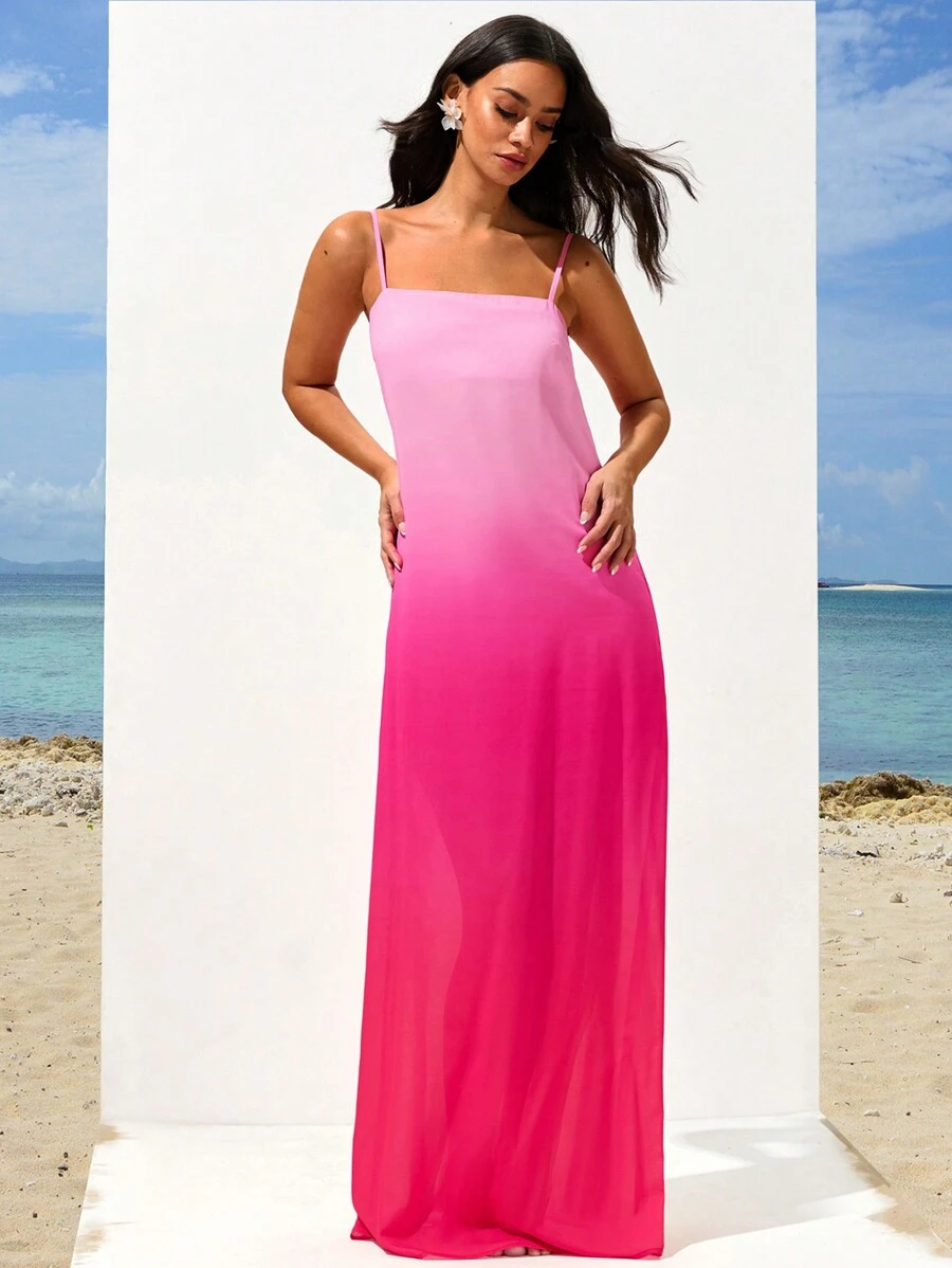 Opulessa Valentine's Day Ombre Print Vacation Spaghetti Strap Long Dress For Women Beach
