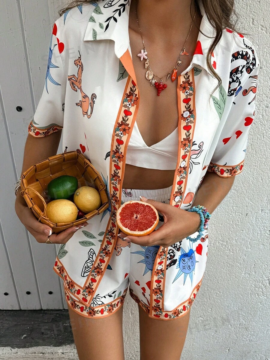 SHEINBlues Set de 2 piezas con blusa de manga corta y estampado floral colorido junto con shorts, ropa de vacaciones para mujer