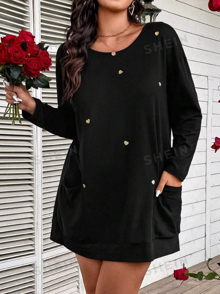 SHEIN LUNE Camiseta de manga larga holgada informal para uso diario y casual, con bolsillos y cuello redondo, con bordado de corazón para mujer talla grande, otoño/invierno