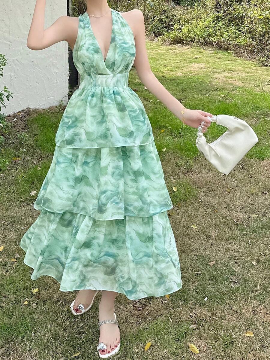 DAZY V-Neck Sleeveless Ruffle Trim Mid-Calf Floral Print Spring Dress For Women Sundress
