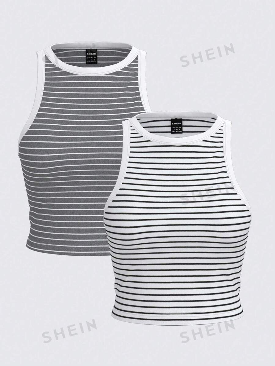 SHEIN BASICS Set de 2 tops casuales de punto de color liso con hombros descubiertos y recortados ajustados para mujer