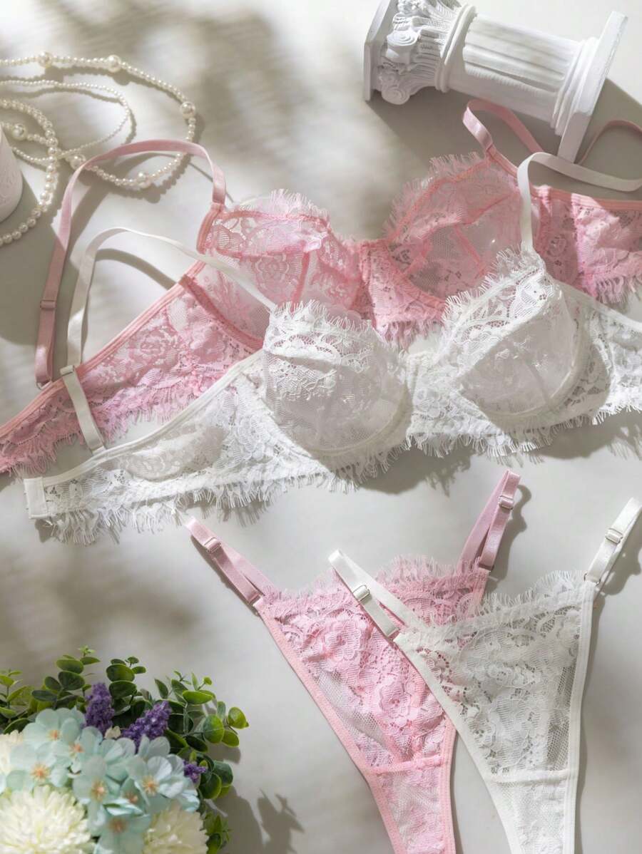 2pcs/Set Women's Lace Trim Minimal Casual Spaghetti Strap Camisole Lingerie Set