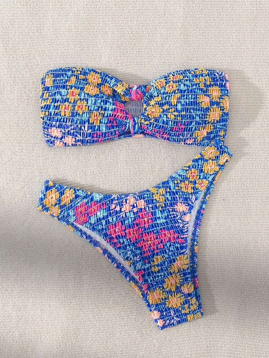 Swim Mod Women Bikini Swimwear Set, Random Print Strapless Push Up Bra With Bikini Bottom, Ideal For Summer, Beach And Swimming Pool,Summer Beach