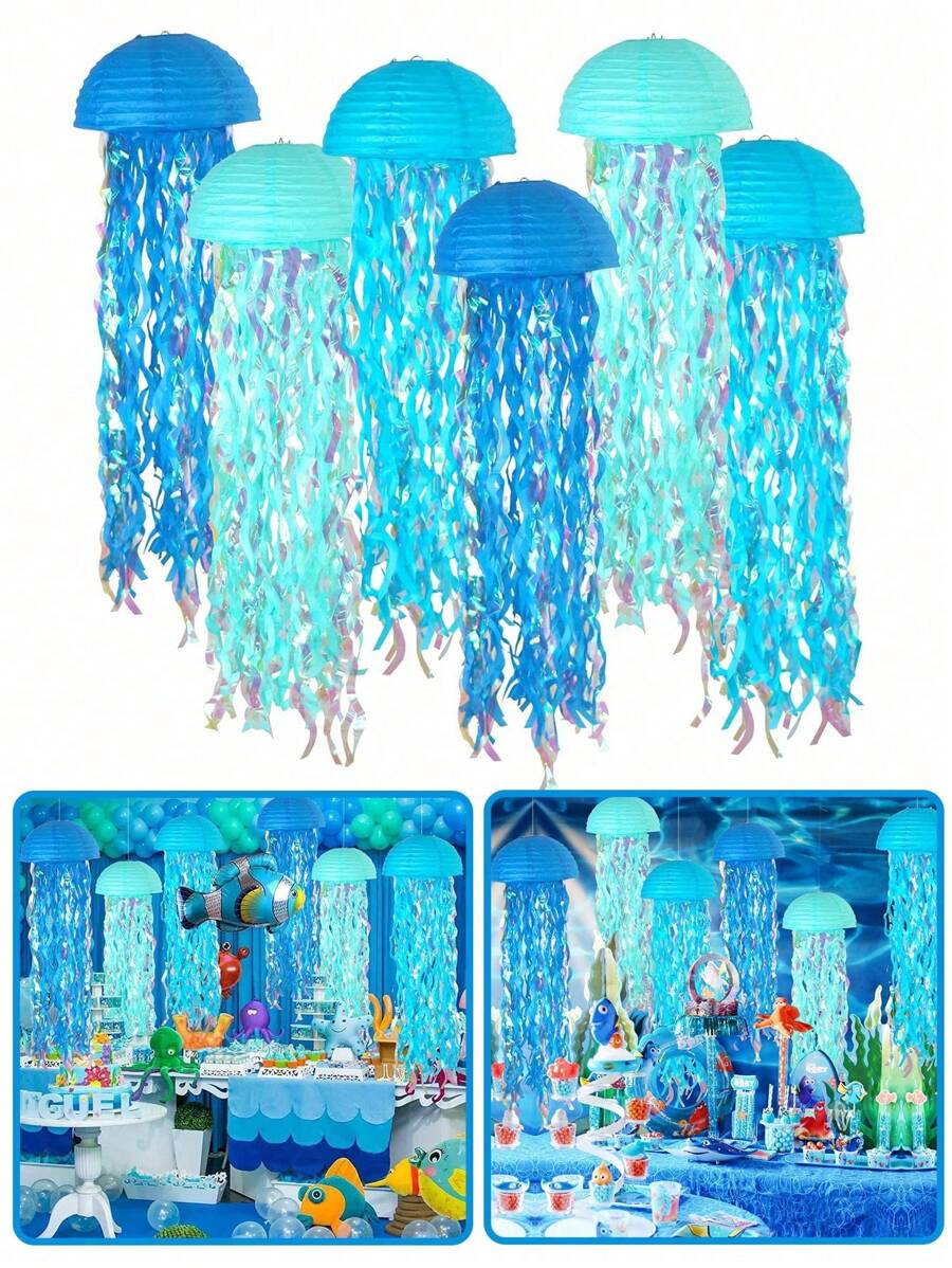 SHEIN 3 piezas de linternas de papel con forma de medusa colgantes de color azul, linternas de papel de colores degradados para fiesta con tema de sirena, decoraciones de cumpleaños de océano submarino, guirnalda para ducha de sirena, decoraciones de fiesta, cintas colgantes azules coloridas para cumpleaños, bautizo, boda, decoraciones de pared, adornos