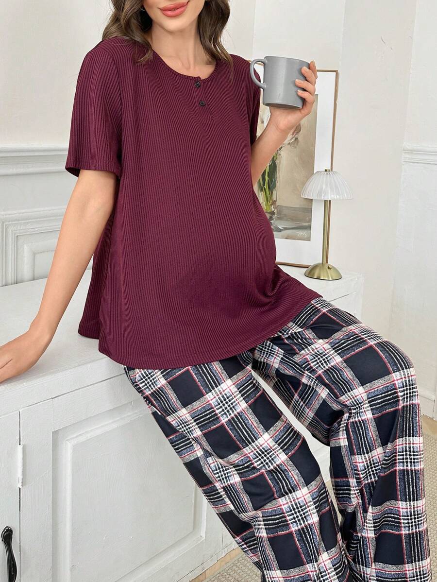 2 Pieces Plain Ribbed Trim Button Decor Short Sleeve Top And Plaid Long Pants Maternity Pajamas Set