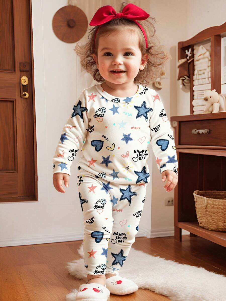 SHEIN Graffiti Stars, Heart & Print Young Girl Casual Minimalist Soft Comfortable Long Sleeve & Long Pants Pajamas Set, Snug Fit, Suitable For Autumn/Winter