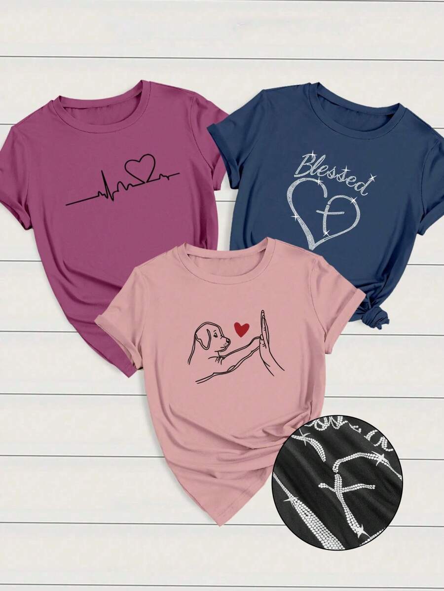 INAWLY Set de 3 camisetas de manga corta con cuello redondo para mujer con estampados casuales de corazón, ECG y carta de amor