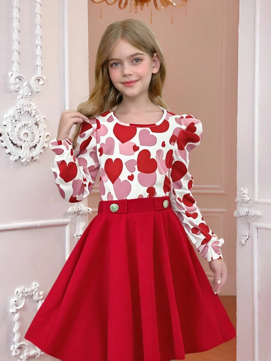 SHEIN Tween Girls Elegant Red Heart Print Gigot Sleeve T-Shirt And Metal Button Decor Ruffle Hem A-Line Skirt 2 Pieces Set