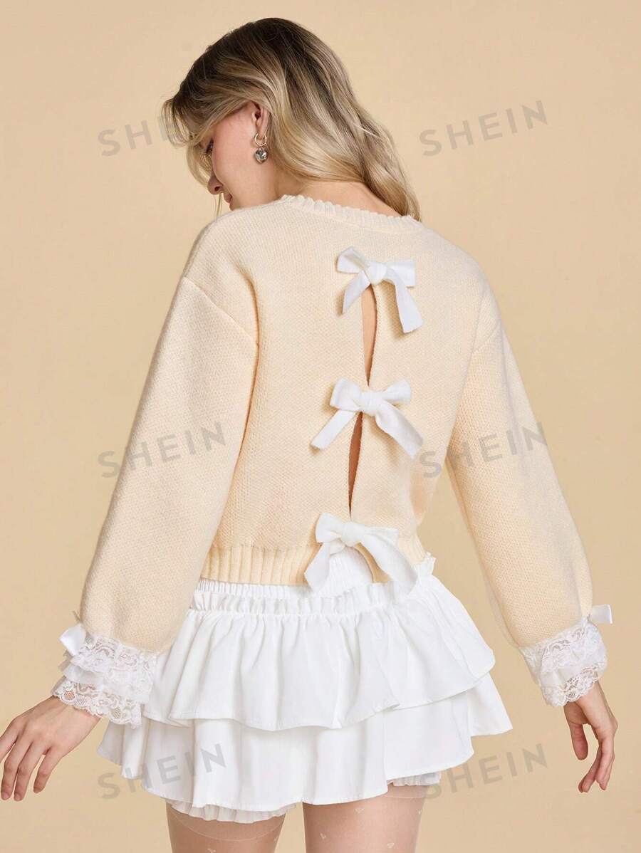 ROMWE Kawaii Suéter de mujer acogedor y lindo con lazo de mariposa y detalles de encaje en contraste