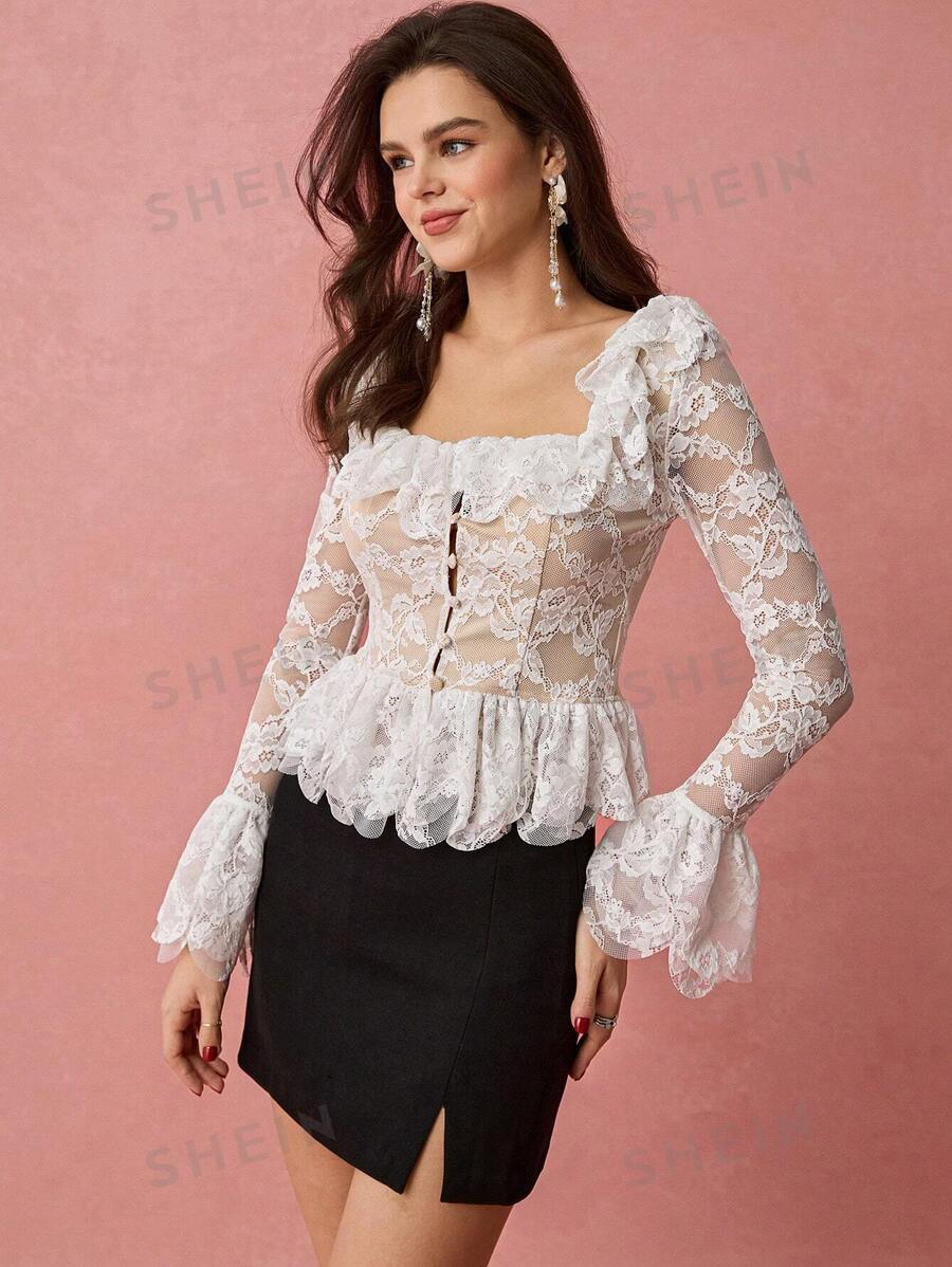Enchnt Camisa casual con cuello cuadrado de encaje, manga larga, pliegues simples y parches para mujer