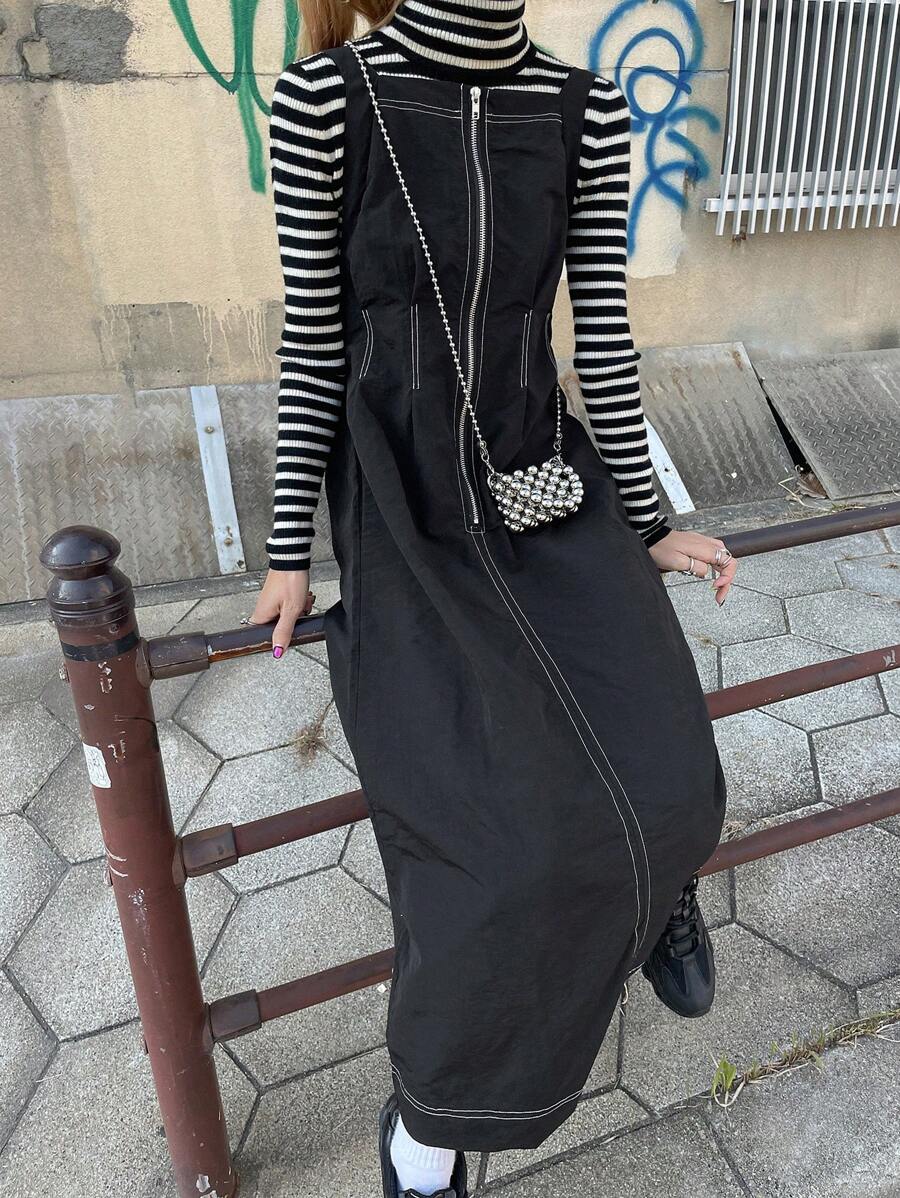 FRIFUL Women's Plain Zip Collar Casual Mid-Length Overall Dress
