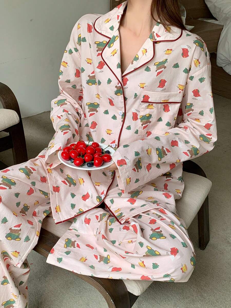 DAZY Conjunto de pijama holgado con estampado de dibujos animados navideños lindos