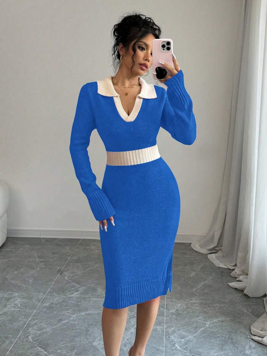 Calvaya Color Block Patchwork Slim Fit Sweater Dress, Casual Autumn/Winter For New Year Clothes