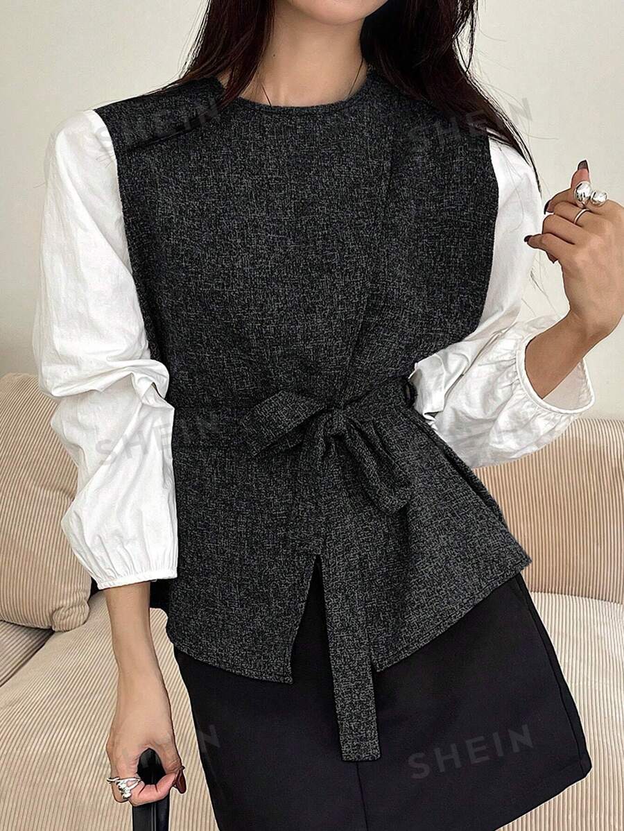 DAZY Camisa casual de primavera para mujer con bloqueo de color, cuello redondo y cinturón
