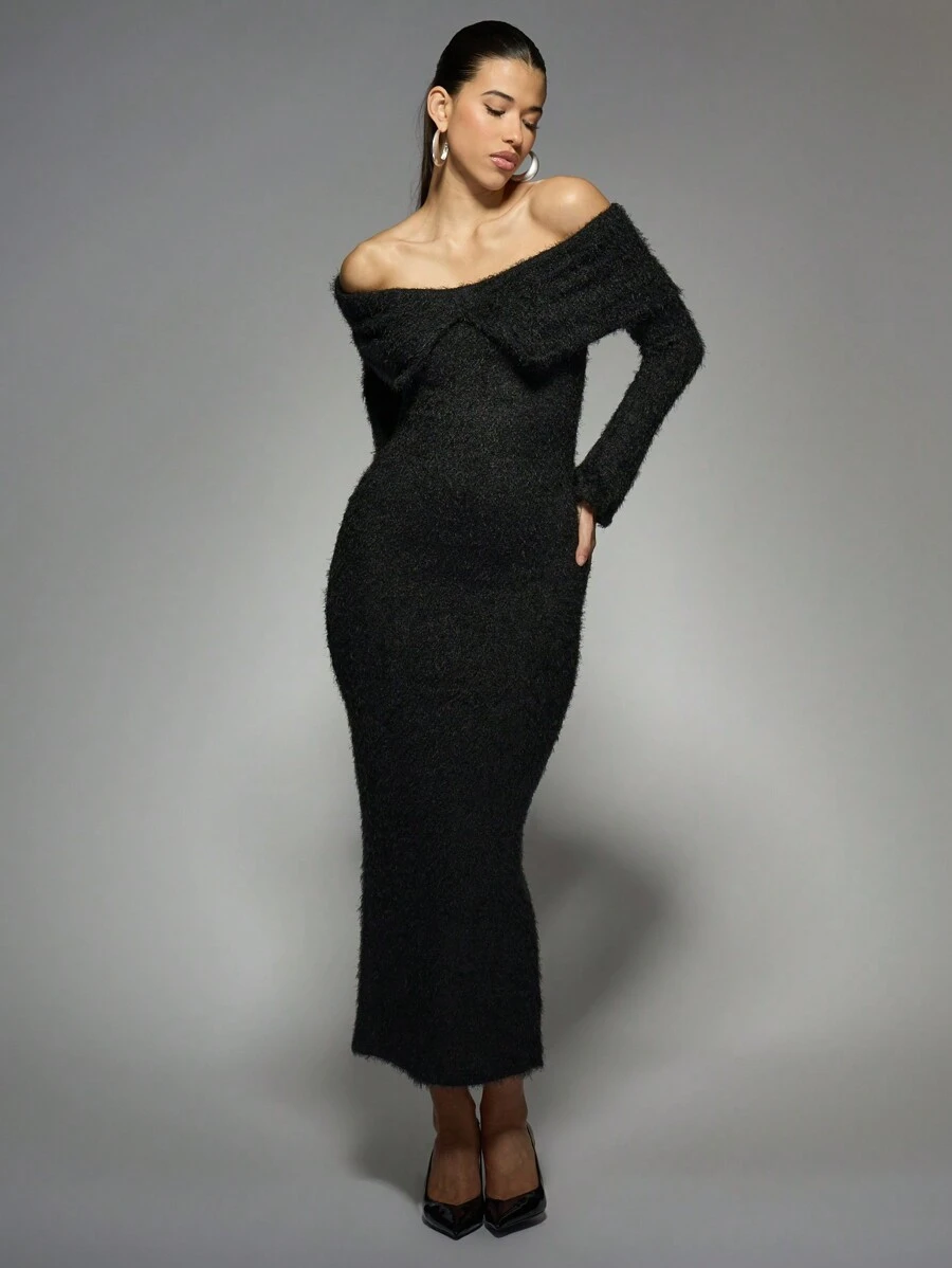 MISSGUIDED Off-Shoulder Long Sleeve Straight Long Dress