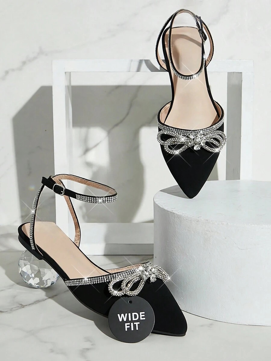 SHUZIA Zapatos planos negros de tira de tobillo y punta puntiaguda con detalles de lazo y rhinestones para mujer de ancho esencial - Calzado de primavera con correa trasera, elegante, cómodo y con estilo