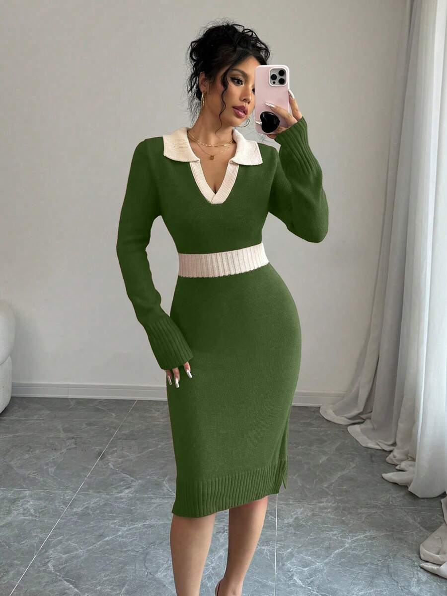 Chiquease Color Block Patchwork Slim Fit Sweater Dress, Casual Autumn/Winter For New Year Clothes
