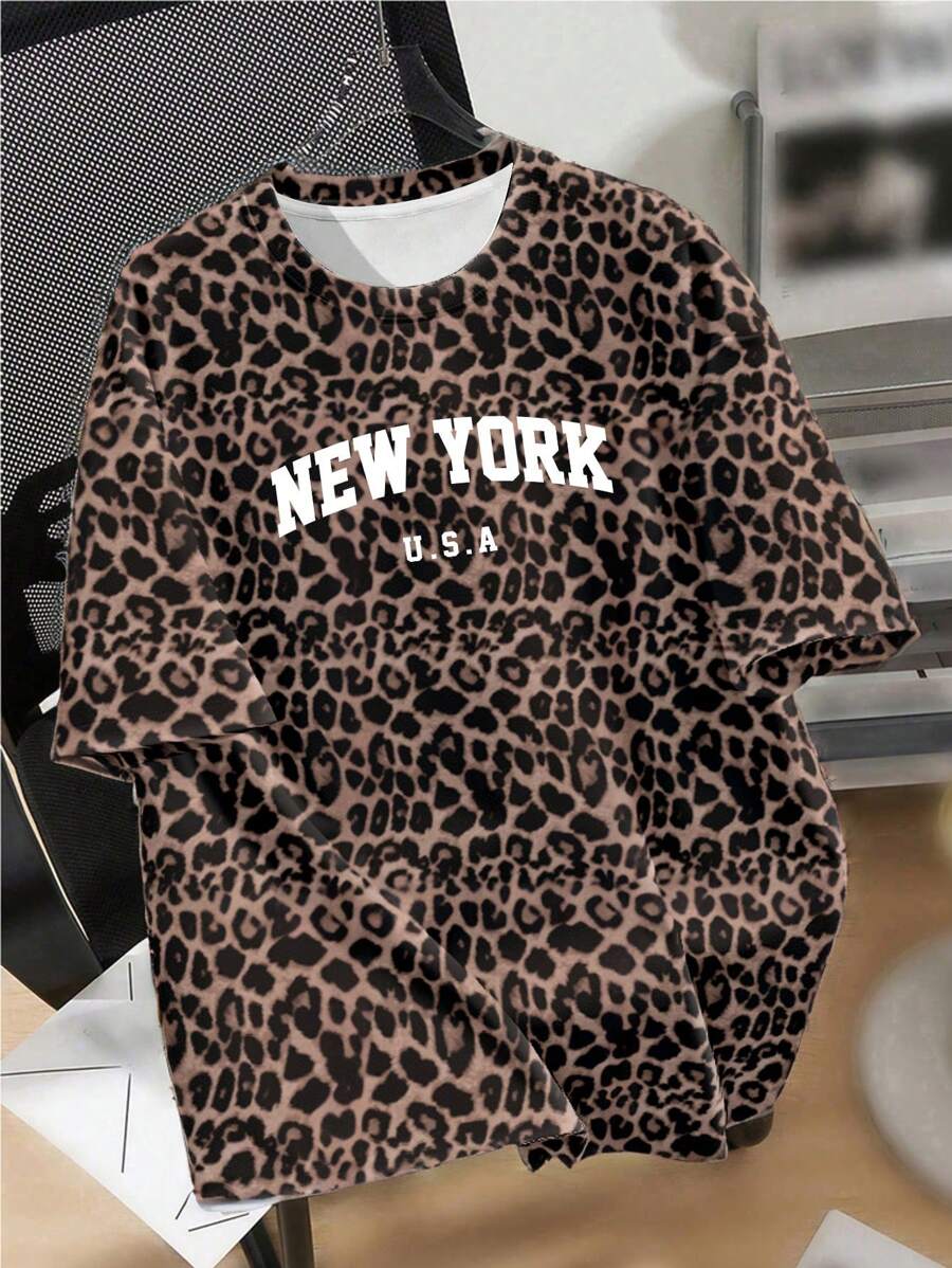 SHEIN EZwear Plus Size Casual Minimalist Round Neck Short Sleeve T-Shirt, Suitable For Summer Suitable For Going Out Leopard Print