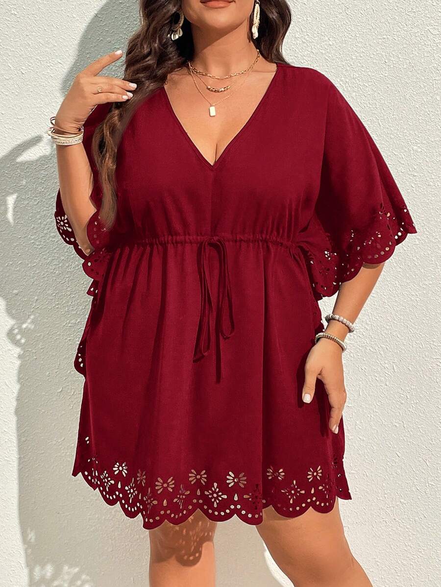 SHEIN VCAY Plus Size Holiday Solid Tie Waist Beach Casual Cover Up Dress Summer
