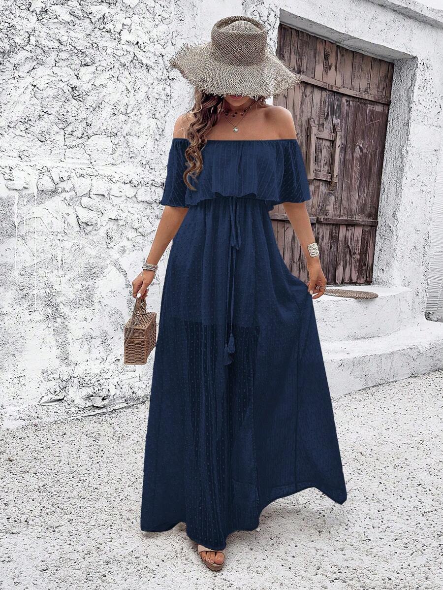 Breezaya Robe casual femme couleur unie épaules dénudées avec auto-attache devant
