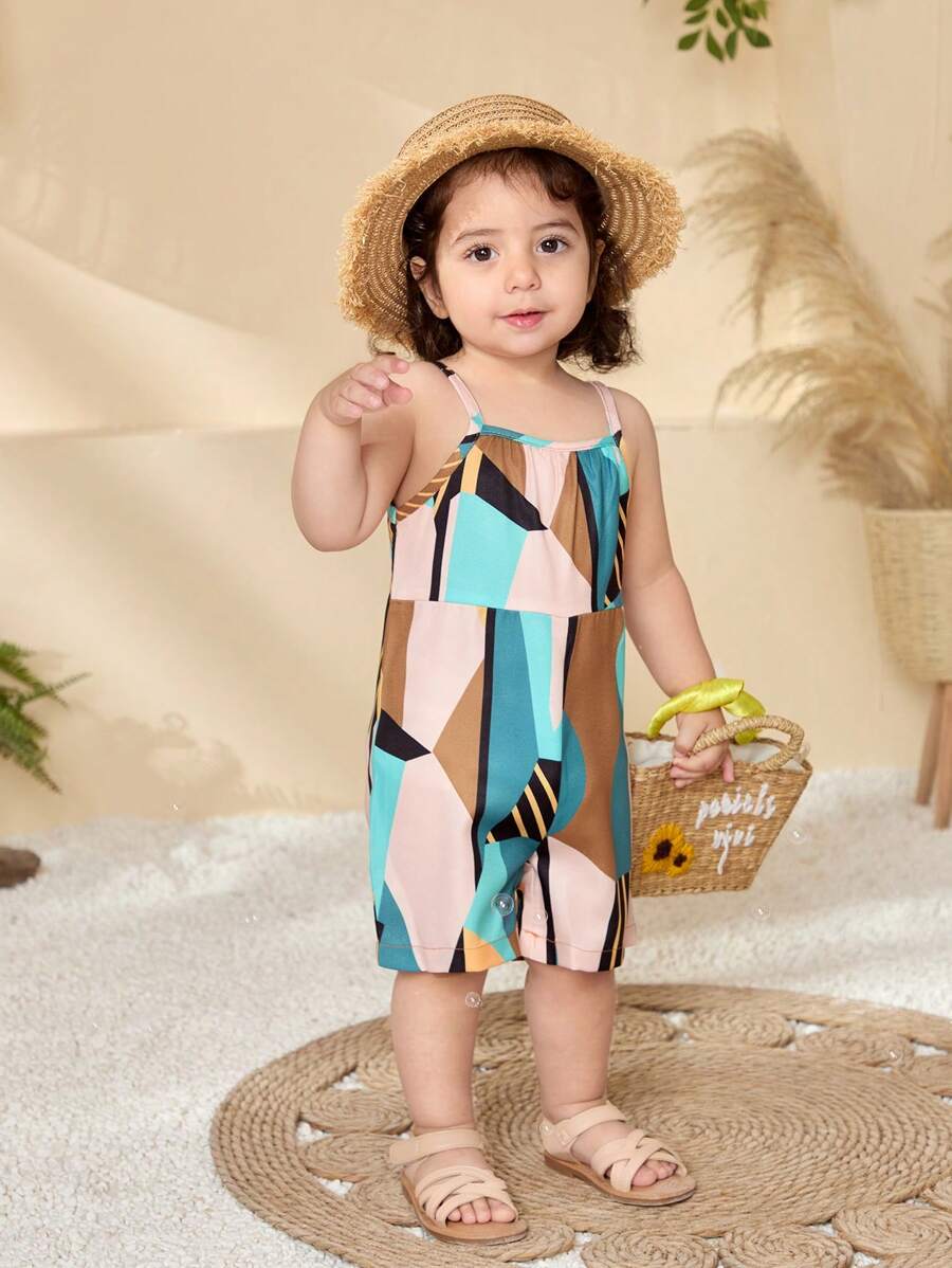 Baby Girl Infant/Toddler 0-3 Years Spring/Summer New Abstract Geometric Multi-Color Casual Loose Comfortable Jumpsuit Romper Suitable For Daily Outings