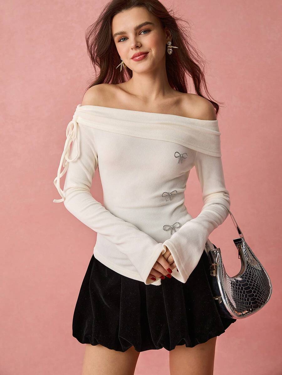 Enchnt Women's Solid Color Off Shoulder Long Sleeve Top, Minimalist Casual Everyday Wear