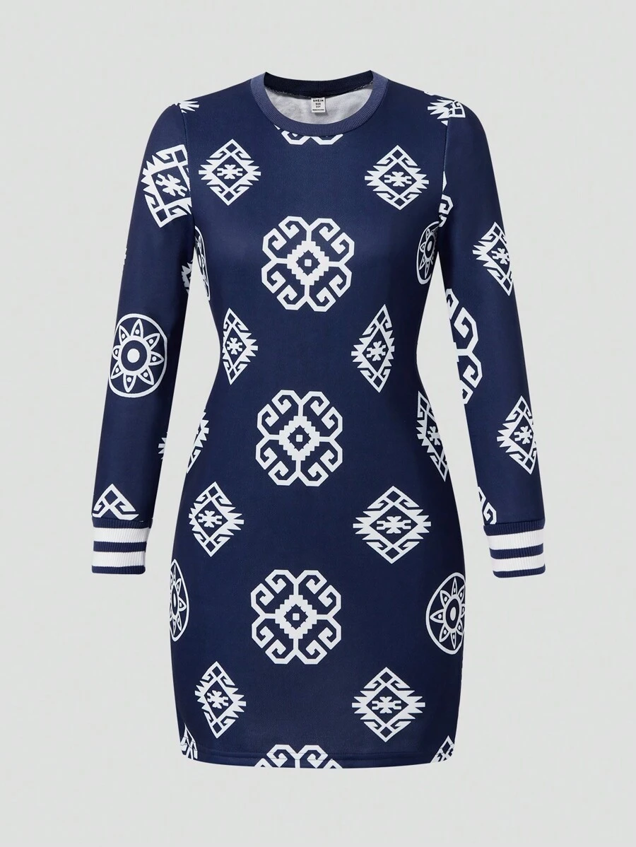 Tween Girls Square Print Round Neck Long Sleeve Fitted Dress