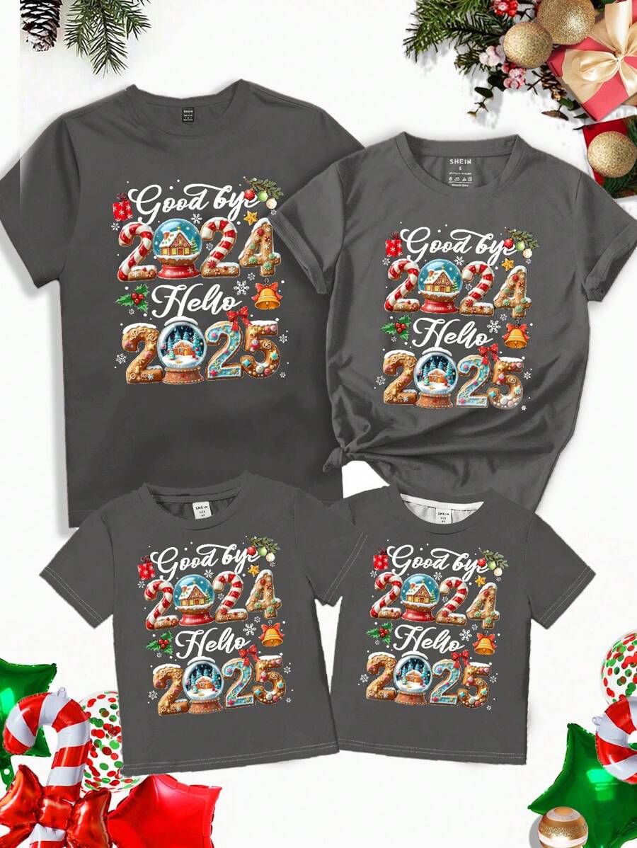 Manfinity Homme 2025 Nieuwjaar Element Combinatie Letter Print Casual Unisex T-shirt, Getailleerde Schouder Korte Mouw T-shirt In Donkergrijs, Geschikt Voor Koppels, Gezinnen En Als Cadeau Voor Vriendje