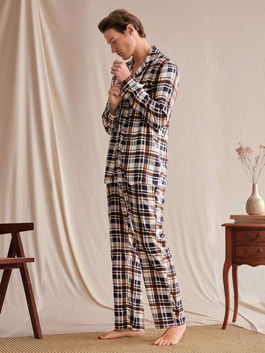 SHEIN EverLounge Heren 2-delige set geruite lange mouwen enkelrijs top en broek nachtkleding pak