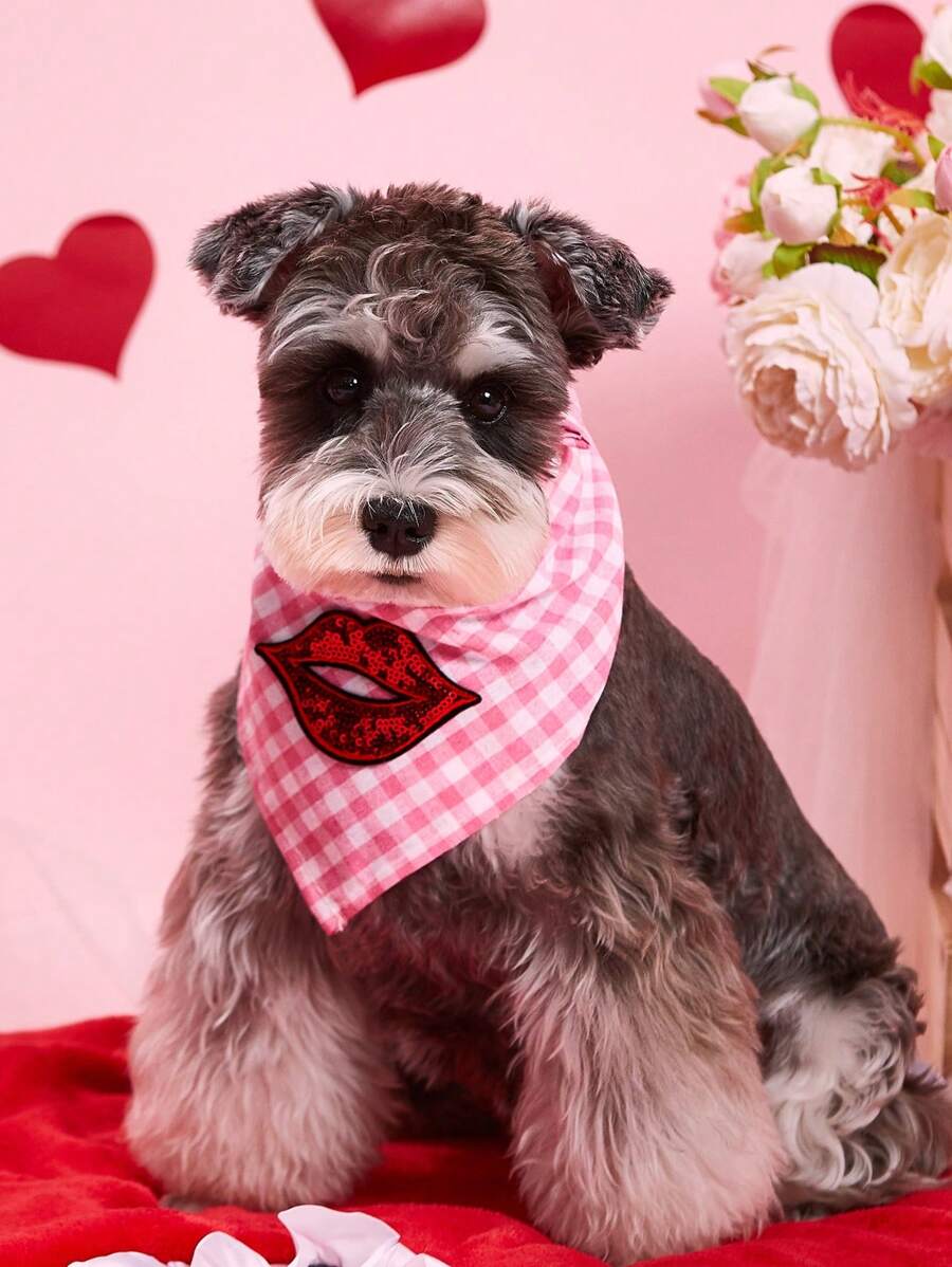 PETSIN Pink Plaid Lip Print Cute Pet Bandana, Suitable For Valentine's Day