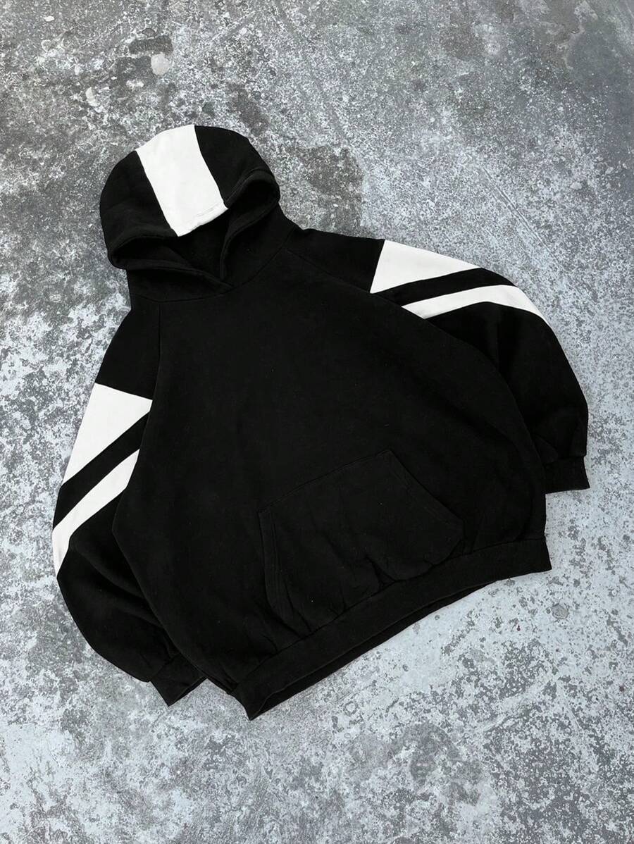 Sudadera con capucha negra suelta de manga larga y bloqueo de color casual para hombres, otoño/invierno