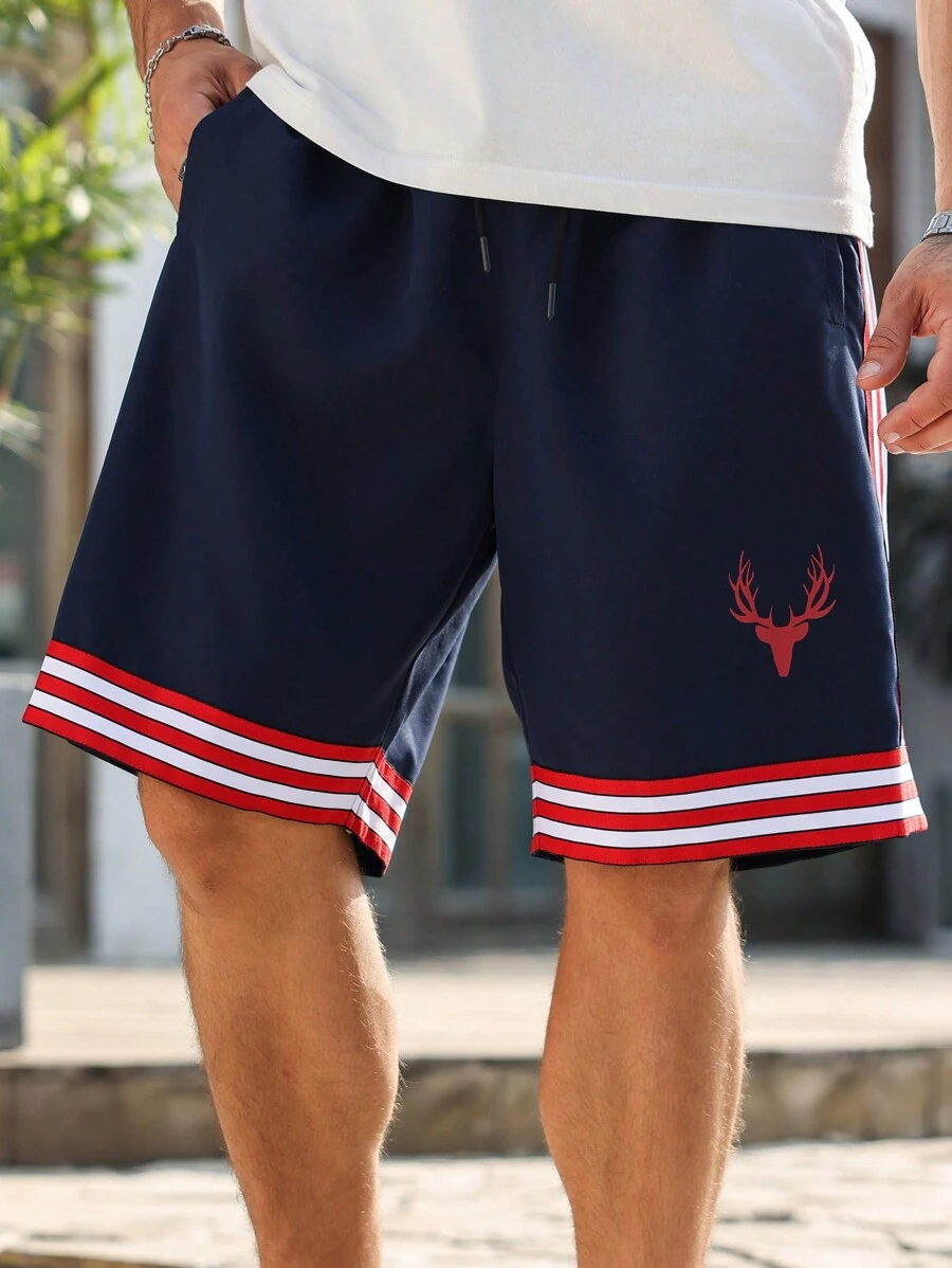 Manfinity Homme Pantalones cortos casuales holgados con bolsillo, cordón de ajuste en la cintura para hombres talla grande con rayas