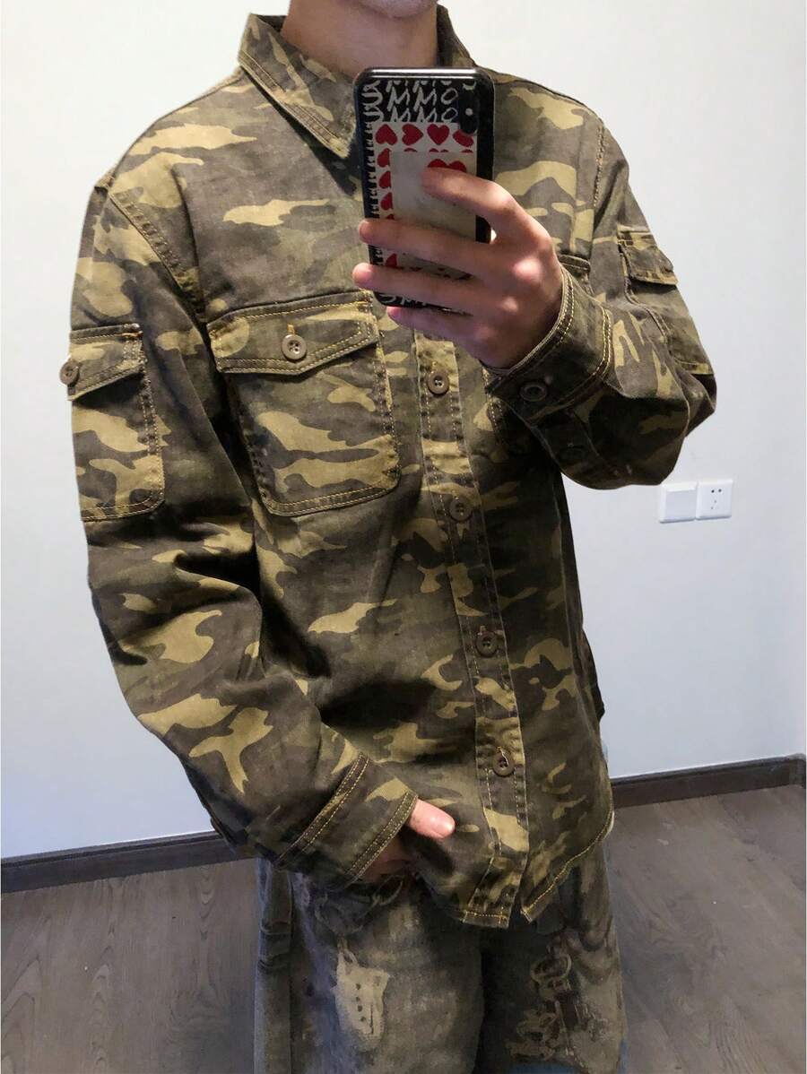 Manfinity Hypemode Men's Camouflage Pattern Cargo Pockets Single Breasted Casual Denim Shirt