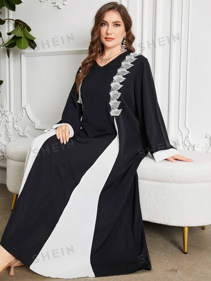 Al Najma Vestido de manga larga con cuello en V para mujer de talla grande, con dobladillo desgarrado y contraste de color