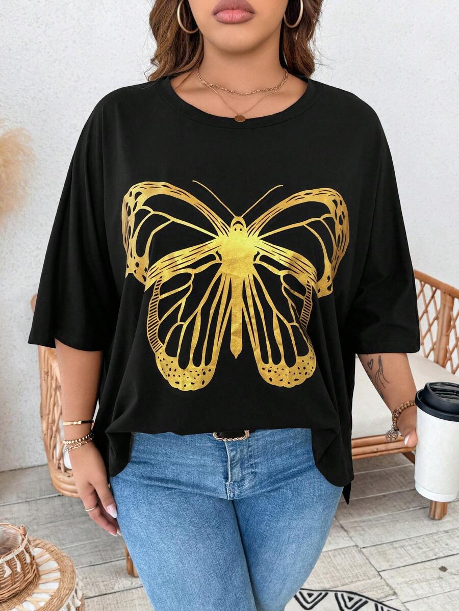 SHEIN LUNE T-shirt imprimé papillon en feuille, robe de refroidissement, tenue anti-stress, robe de soirée longue élégante, loungewear mode pour femmes
