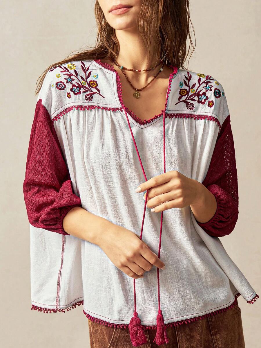 Bohemela Boho Tropical Vacation Woman Clothes Women Plain Color Patchwork Floral Embroidered Long Sleeve Casual Shirt
