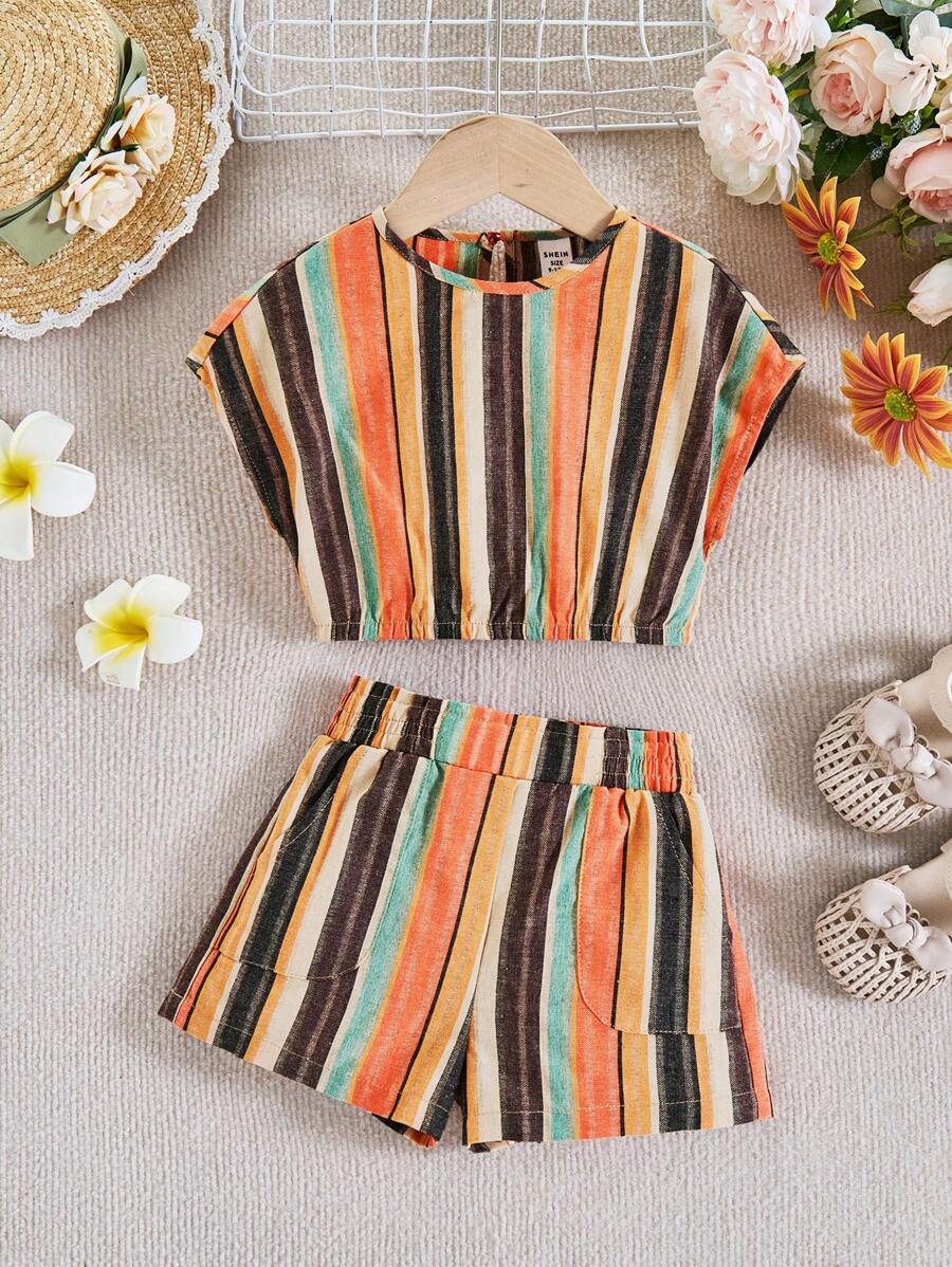SHEIN Babygirl Summer Vacation Cute Striped Short Sleeve Top And Shorts Set