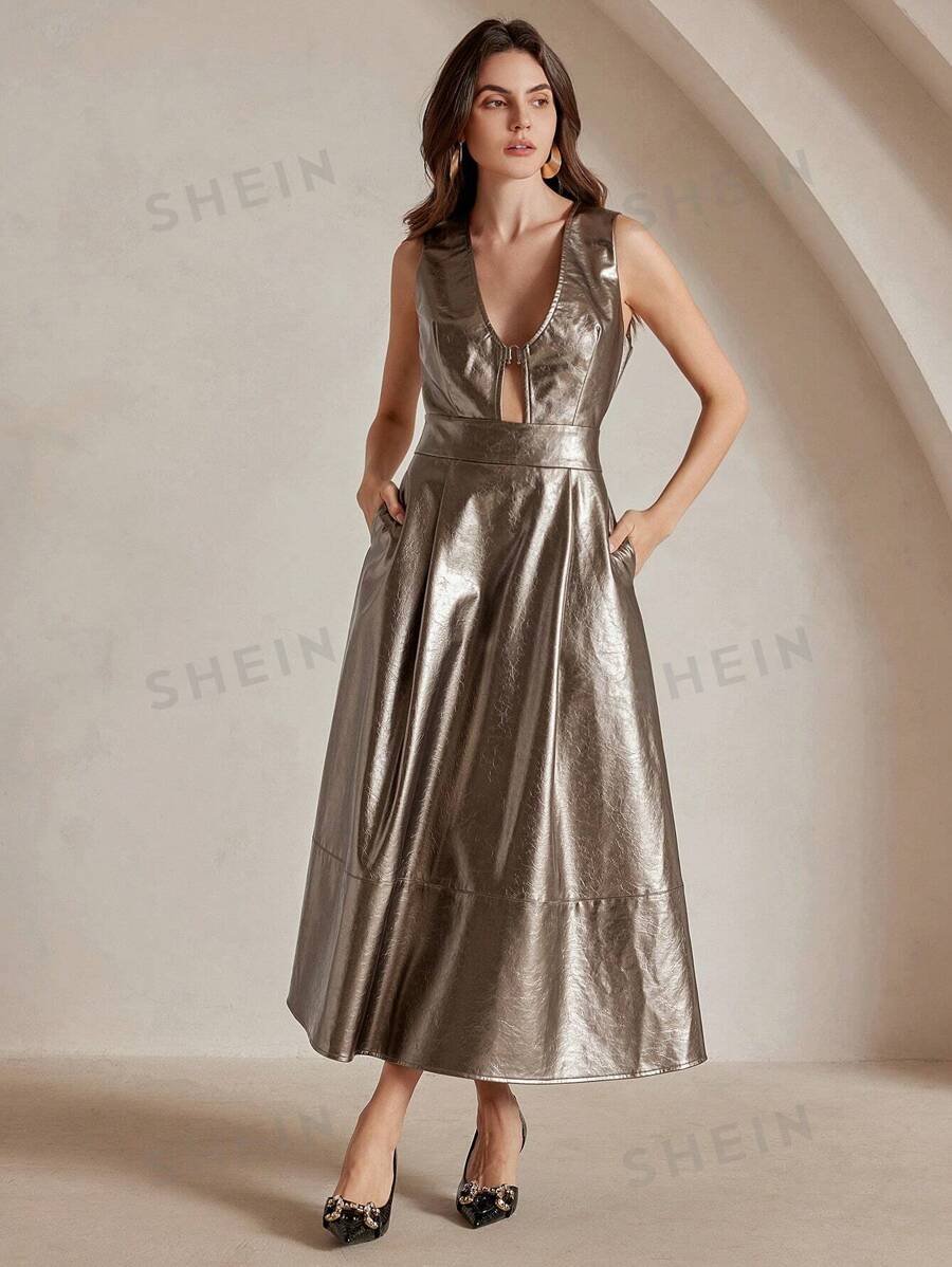 Anewsta Vestido de mujer Anewsta de unicolor con detalles metalizados, bolsillos y cuello en V, conjunto de primavera/verano para mujer, festival