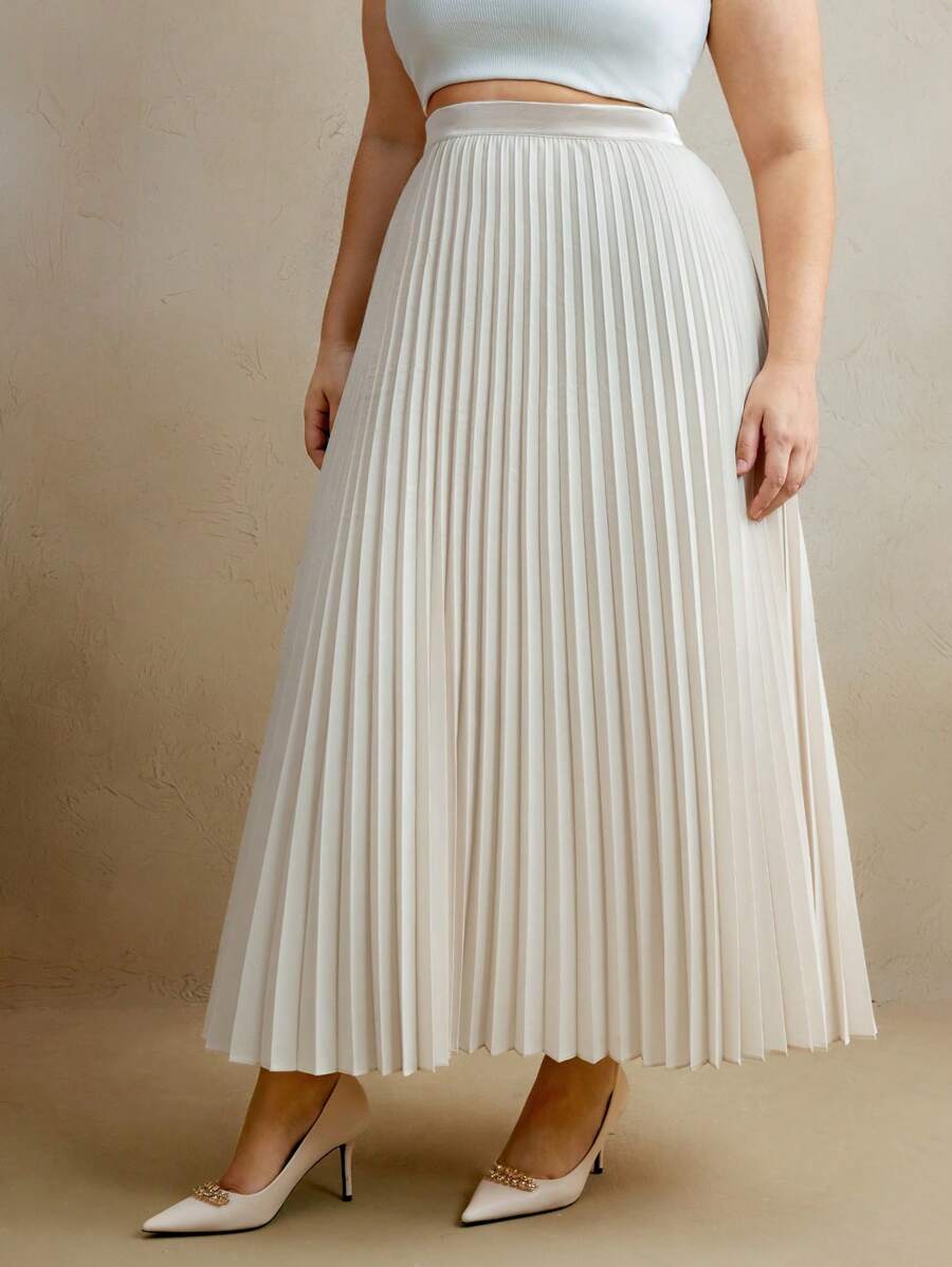 Anewsta Plus Size Women's Solid Color Pleated Maxi Skirt