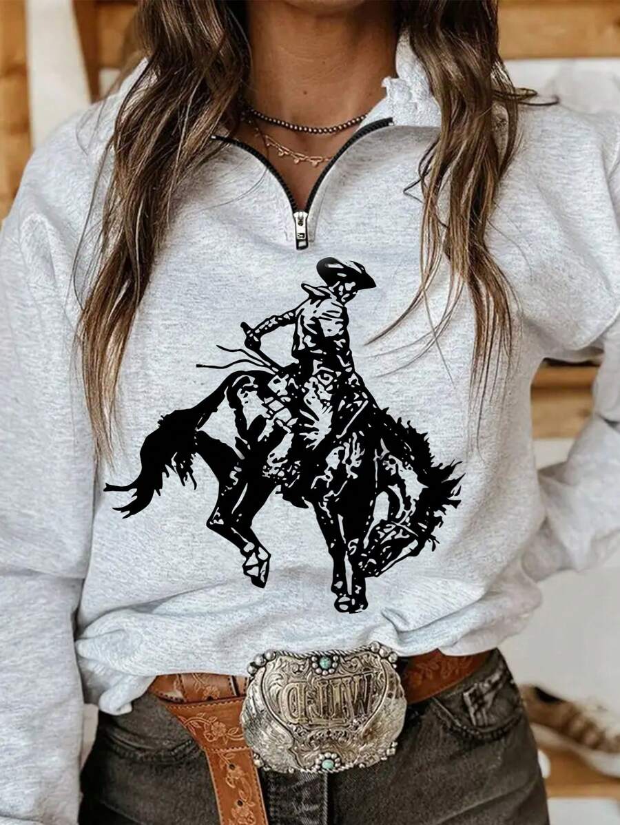 SHEIN MOOSTA Women's Casual Cowboy Print Drop Shoulder Sweatshirt, Autumn/Winter Graduation,Back To School Outfits,Graduation,Teacher Outfits For Women,Back To School