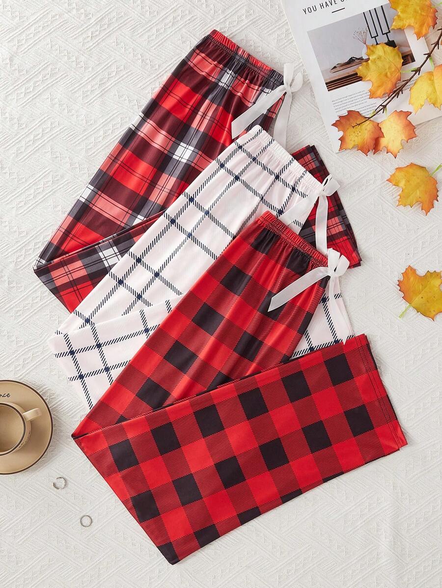 Set de 3 pantalones de pijama con cintura elástica y estampado a cuadros casual