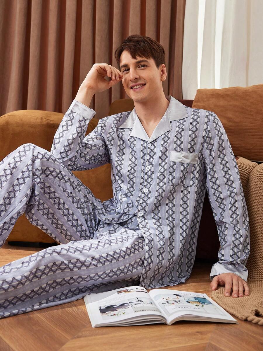 2 Stücke Herren geometrisches Muster Langarm Einzelknopf-Top und Hose Loungewear Set