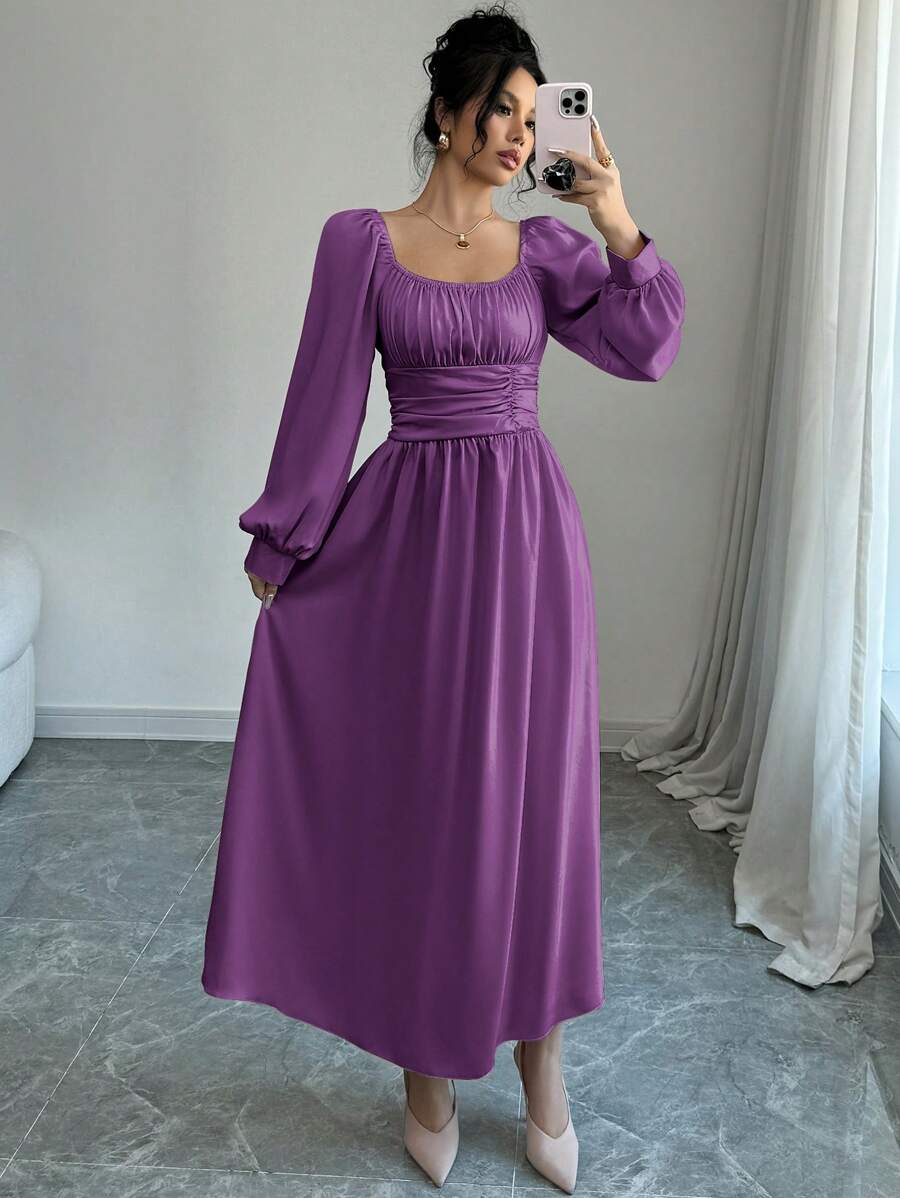 Mulvari Vrouwen effen kleur lange mouwen casual paars elegante jurk, eenvoudig en modieus voor dagelijks gebruik