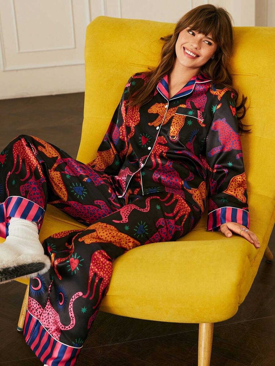 Chillnights Conjunto de pijama de mujer con estampado de leopardo y contraste de color